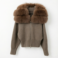 Cardigan décontracté pour femme, col en V, tricoté à l'ordinateur, uni, manches longues, avec col en vraie fourrure de renard, veste courte zippée pour l'automne