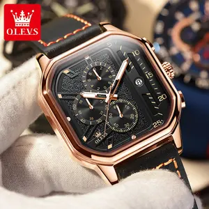 Olevs relógio de quartzo quadrado casual, novidade de 9950, pulseira de couro original, 3 mostradores, negócios