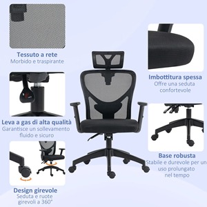 Chaise de bureau ergonomique Vinsetto avec hauteur réglable, support lombaire et appui-tête, 66x61x106-116cm noir - Product Image 4