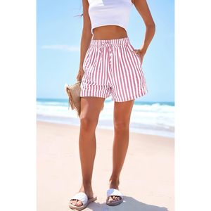 Pantalones cortos de verano con cintura elástica para mujer, pantalones de pijama de algodón a rayas blancas y rosas con bolsillos, ropa para vacaciones en la playa - Product Image 6
