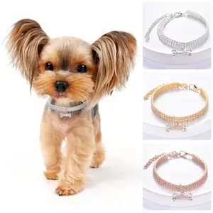 Classic Cat And Dog Necklace With 3 Drainage Diamonds Zircon Bone Jewelry High-end Pet Collar