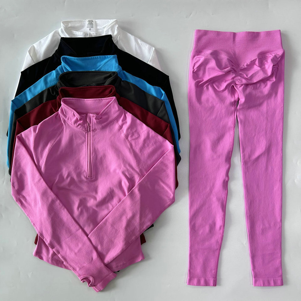 2pcs Breathable Yoga Set Long Sleeve Sport Top Half Zip High Waisted Seamless Running Leggings Solid Color Fitness Workout Front