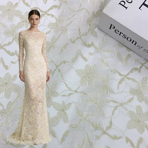 Tessuto in Pizzo Bianco Elegante con Filo Metallico Floreale Beige, <span class=keywords><strong>Tulle</strong></span> Ricamato Trasparente per Abiti da Donna, Decorazioni per Matrimoni e Abbigliamento da Sposa - Product Image 1