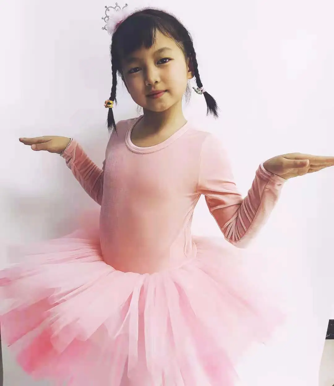 Crown Mesh Hairband Kids Girls Long Sleeve Tutu Skirts Ballet Tulle Dresses Children Princess Dancing Dress