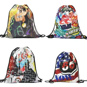 Bolsas de deporte personalizadas con diseño de sublimación, bolso deportivo de poliéster impermeable reciclado con cordón y logotipo, hecho a medida