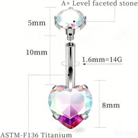 Anneaux de nombril en titane ASTM F136 G23 avec cœur en CZ, 14G, hypoallergéniques, barbell incurvé, bijoux de piercing pour le nombril, plusieurs couleurs