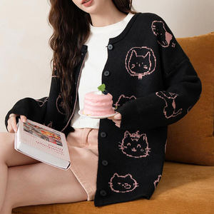 <span class=keywords><strong>Cardigan</strong></span> <span class=keywords><strong>Oversize</strong></span> <span class=keywords><strong>Nero</strong></span> con Stampa di Gatti per Donna - Top Casual Carino per Uso Quotidiano - Product Image 3