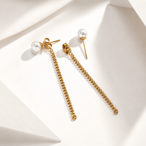 Pearl <b>Chain</b> Drop <b>Earrings</b> Stainless Steel 14K Gold Vacuum Plated Long Curb <b>Chain</b> Imitation Pearl <b>Stud</b> <b>Earrings</b> - Product Image 1