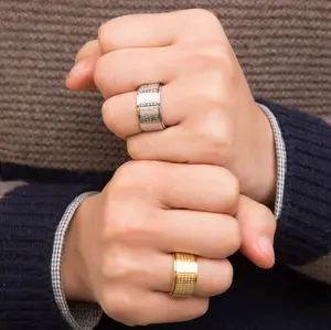 Gouden En Zilveren Ring Geschrift Roterende Titanium Staal Boeddhisme Doorvoer Hart Mannen En Vrouwen Custom Ring Sieraden 1 Stuks/Opp Tas Wsx