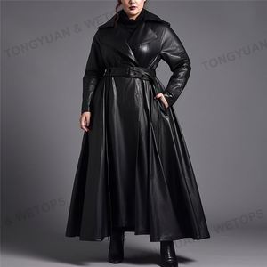Vêtements grande taille pour femmes, trench-coat <span class=keywords><strong>oversize</strong></span> pour <span class=keywords><strong>femme</strong></span>, trench-coat long en cuir <span class=keywords><strong>noir</strong></span> maxi avec ceinture pour femmes - Product Image 5