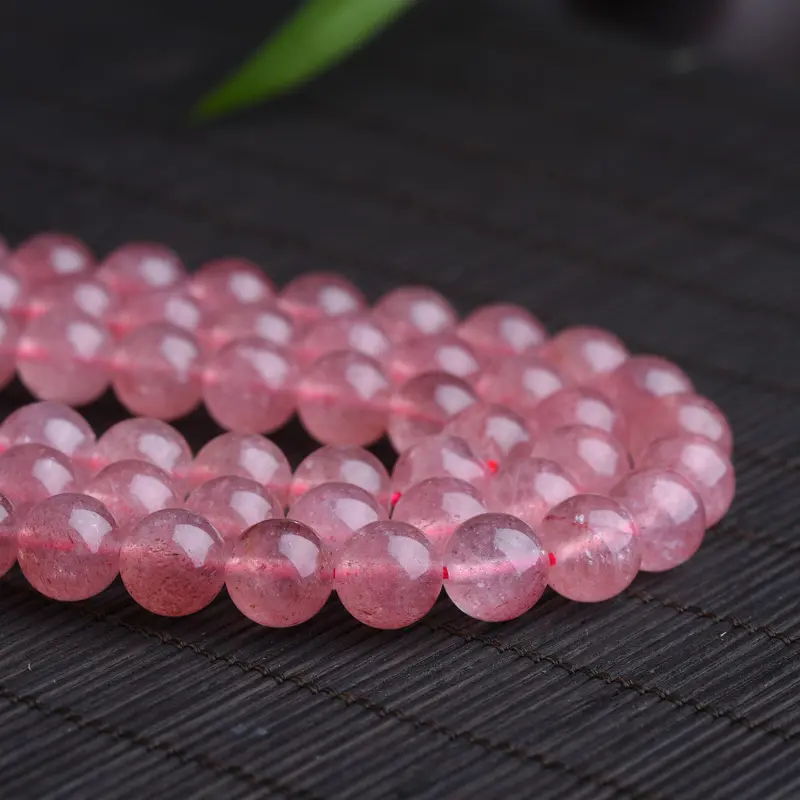 도매 핑크 천연 돌 광택 느슨한 라운드 비즈 레드 핑크 딸기 석영 크리스탈 DIY 보석 만드는 차크라