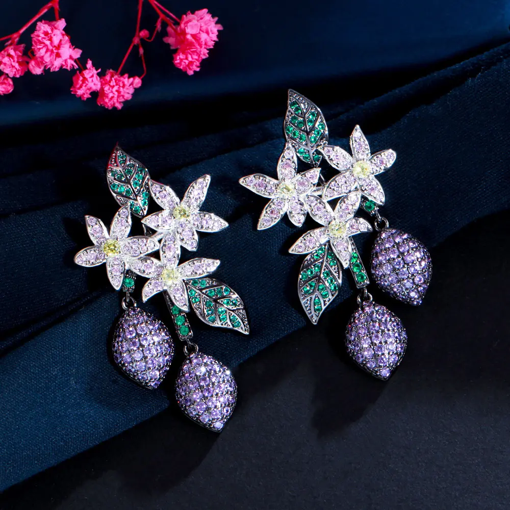 Creative Unique Design Purple Green CZ Crystal Long Drop Earrings for Women Engagement Party Bohemian Plant Jewelry