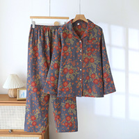 Pyjama Jacquard en pur coton à motif floral pour femme, ensemble pantalon long à taille élastique, coupe ample, printemps-automne