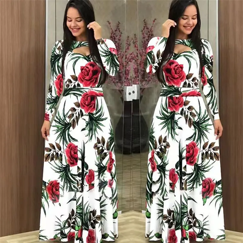 Hoogwaardige Nieuwe Crêpe Casual Bohemia Bloemenprint Maxi Elegante Zomer Damesmode Uitgehold Tunica Vestidos Jurk