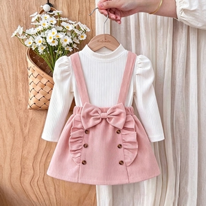 Herfst-winter 2026 kindermeisjes boutique kleding pofmouw geribbelde top <span class=keywords><strong>corduroy</strong></span> strik bretelsrok 2-delig Koreaans babykleding - Product Image 6