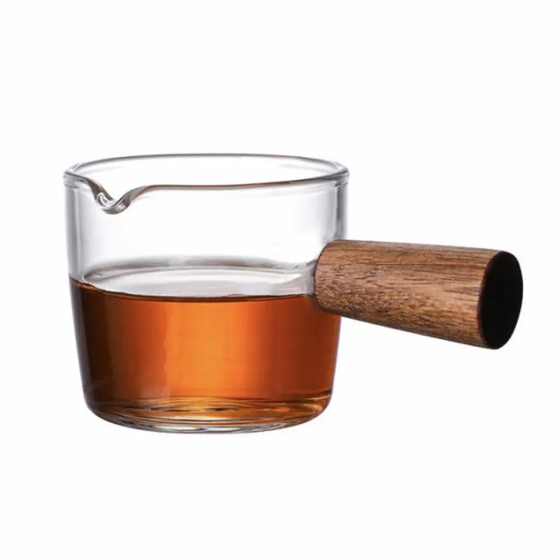 Espresso Shot Glass with Wood Handle Single Spouts Milk Cup Jug Cream Pitcher for Coffee Tea or Maple Syrup Serving