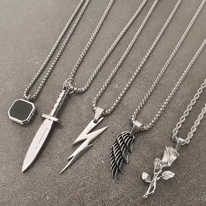 VAF 24 Inch SILVER Pendant Collection Dagger Lightning Wings Compass Rose Flower Pendant Necklace 316L Stainless Steel Necklace