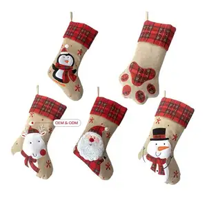 Christmas Gifts Custom Logo Hanging Fireplace Bulk Personalised Plush Xmas Pet Linen Check Plaid Christmas Stocking