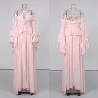 Ensemble deux pièces en mousseline rose bonbon pour femme, avec haut à col licou, décor floral, épaules dénudées, manches longues à volants et jupe longue fendue, vente en gros