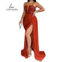 Rotes Pailletten-Sommer-Maxikleid mit Spaghettiträgern, schulterfrei, hohem Seitenschlitz, Spitze, offenem Rücken, Meerjungfrauen-Silhouette, Schleppe