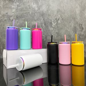 16oz Soda Beer Powder Coated Insulated Rainbow Plated <b>Metal</b> Cups Laser Engraving Colored Stainless Steel Can Tumbler with <b>Straw</b> - Product Image 1