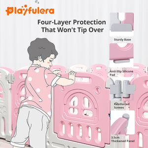 <span class=keywords><strong>Corralito</strong></span> para Niños, Diseño de Castillo con Puerta y Base de Fijación, Fácil de Montar, Plegable, Plástico Ecológico, Verde/Rosa/Gris - Product Image 5