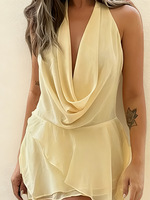 Robe Courte Femme Unie Vintage Tendance Polyvalente avec Col Montant Tempéré, Dos Nu Sexy et Volants