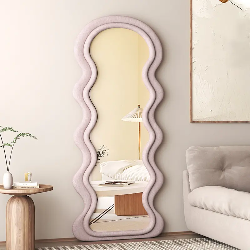 Venta al por mayor de espejos irregulares decorativos de gran forma ondulada espejo de pie de pared espejo de cuerpo entero
