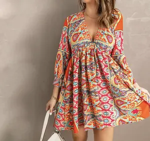 Low Moq American Clothing Wholesale Vestido Women Vintage Floral Print V Neck Cut-Out Ruffle Mini Bohemian Boho Dress