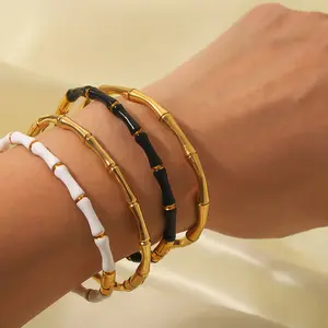 Ins Styles Aço Inoxidável À Prova D' Água Jóias Branco Preto Colorido Bamboo Cuff Bangles Para As Mulheres Manchar Jóias Grátis