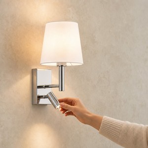 Applique <span class=keywords><strong>murale</strong></span> LED moderne à double lumière chromée, abat-jour en tissu, <span class=keywords><strong>lampe</strong></span> de lecture flexible à LED, idéale pour chambre d'hôtel et chevet de lit, personnalisable en usine - Product Image 1