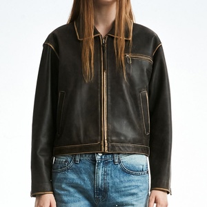 Manufacturer's Custom Logo Women's Leather <b>Jacket</b>, Casual <b>Short</b> Leather <b>Jacket</b>, Vintage Acid-Washed Faded Leather <b>Jacket</b> - Product Image 1