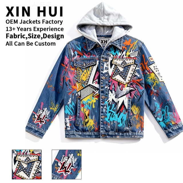 High Quality Winter 100% Cotton Windproof Men Jean Jackets Custom logo Streetwear Men Hooded Denim Jacket