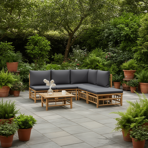 Ensemble de salon de jardin modulaire en bambou, coussins gris foncé, canapé d'extérieur, design contemporain, meubles durables - Product Image 2