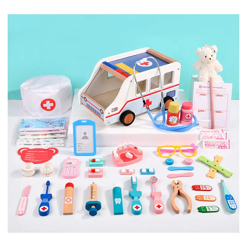 Kit médical en bois Montessori pour enfants, outils jeu de rôle, boîte de voiture d'ambulance, simulation de médecin, d'infirmière, jouets de dentiste éducatifs pour enfants