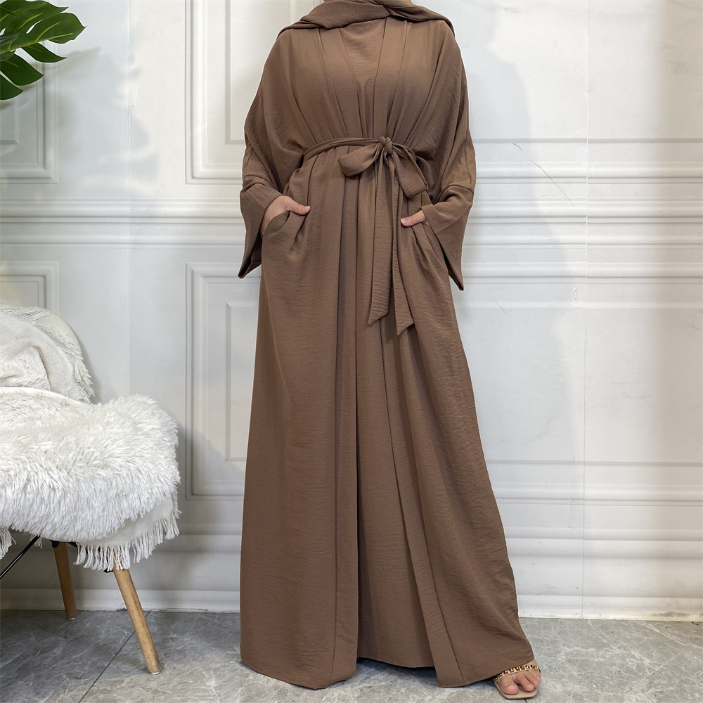 1956#[abaya+inner dress+hijab]muslim 3pcs open abaya set plain color outfit hijab 10 colors - CHAOMENG MUSLIM SHOP