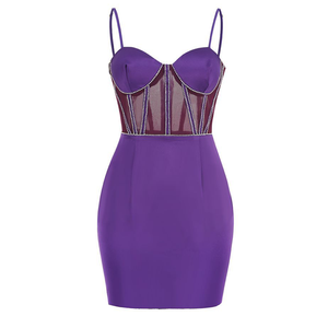 Mini vestido de fiesta Bodycon Sexy Vintage <span class=keywords><strong>violeta</strong></span> para mujer, corsé Espagueti de satén tejido, decoración de cristal brillante, diseño transparente - Product Image 1