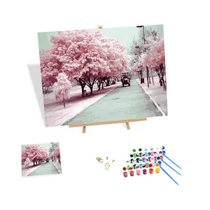 Wholesale Painting by Numbers with Frame Pink Trees Paint by Number Oil Canvas Painting Wall Decor for Bedroom