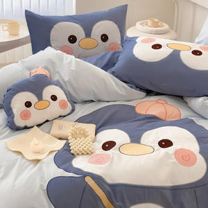 Housse de <span class=keywords><strong>couette</strong></span> en broderie <span class=keywords><strong>pingouin</strong></span> mignon, drap de lit 100% coton délavé bleu, ensemble de literie pour enfants, fournisseur - Product Image 6