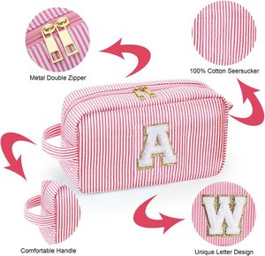 China <strong>Manufacturer</strong> Custom Pink Stripe Birthday Gift Initial Makeup Toiletry Organizer <strong>Cosmetic</strong> <strong>Bag</strong> - Product Image 2