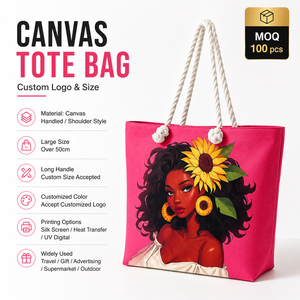 Sac fourre-tout en toile <span class=keywords><strong>rose</strong></span> grande capacité avec logo personnalisé et poignée en corde, sac de shopping en coton imprimé tendance pour femme, plage et voyage - Product Image 1