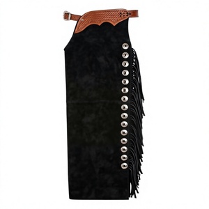 Premium Custom Black Suede Cowhide Leather Rodeo Chaps with Hand-Tooled Brown Yoke, Silver Conchos, and Matching Fringe - Product Image 1