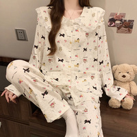 Ensemble pyjama Lijia pour femme, respirant, printemps/automne, haut à manches longues, pantalon, col volanté, jacquard, motif nuage en coton, style poupée