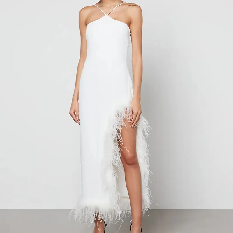 Hot Sale Style Elegant Party Spaghetti Strap Halter Neck Dress Feather Slit Long feather slit white Summer Women Dress