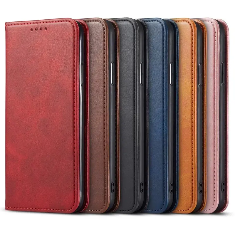 Leather Mobile Phone Cases With Cards Slots Magnetic Flip Cowhide Folio Leather Compartment Wallet Case