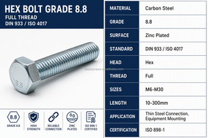 Vis hexagonale DIN933 certifiée <span class=keywords><strong>ISO</strong></span> 898-1, grade 8.8, filetage complet, acier au carbone zingué, M6-M30, expédition d'échantillons <span class=keywords><strong>en</strong></span> 48h - Product Image 3