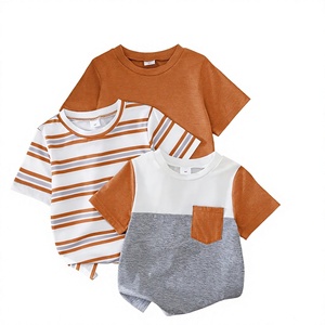 T-shirt unisexe décontracté à manches courtes pour bébé, en jersey imprimé 100 % coton, col rond rayé, haut d'été avec poche avant - Product Image 1