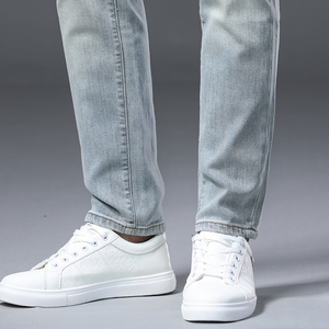 Jean Homme Bleu sur Mesure Très Élastique Délavé aux Pierres Bouton Rivet Coupe Droite Respirant en Denim Taille Moyenne pour Automne Slim Décontracté Professionnel - Product Image 5