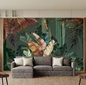 Carta da Parati Murale 3D con Foglie Verdi Tropicali, Design Innovativo per Decorazione di Ristoranti e Caffetterie - Product Image 4