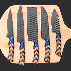 Handmade Carbon Steel Chef <b>Knife</b> <b>Set</b> with Dual-Tone Wood Handles | Black Powder Coat & Pakka Wood and leather Roll - Product Image 1